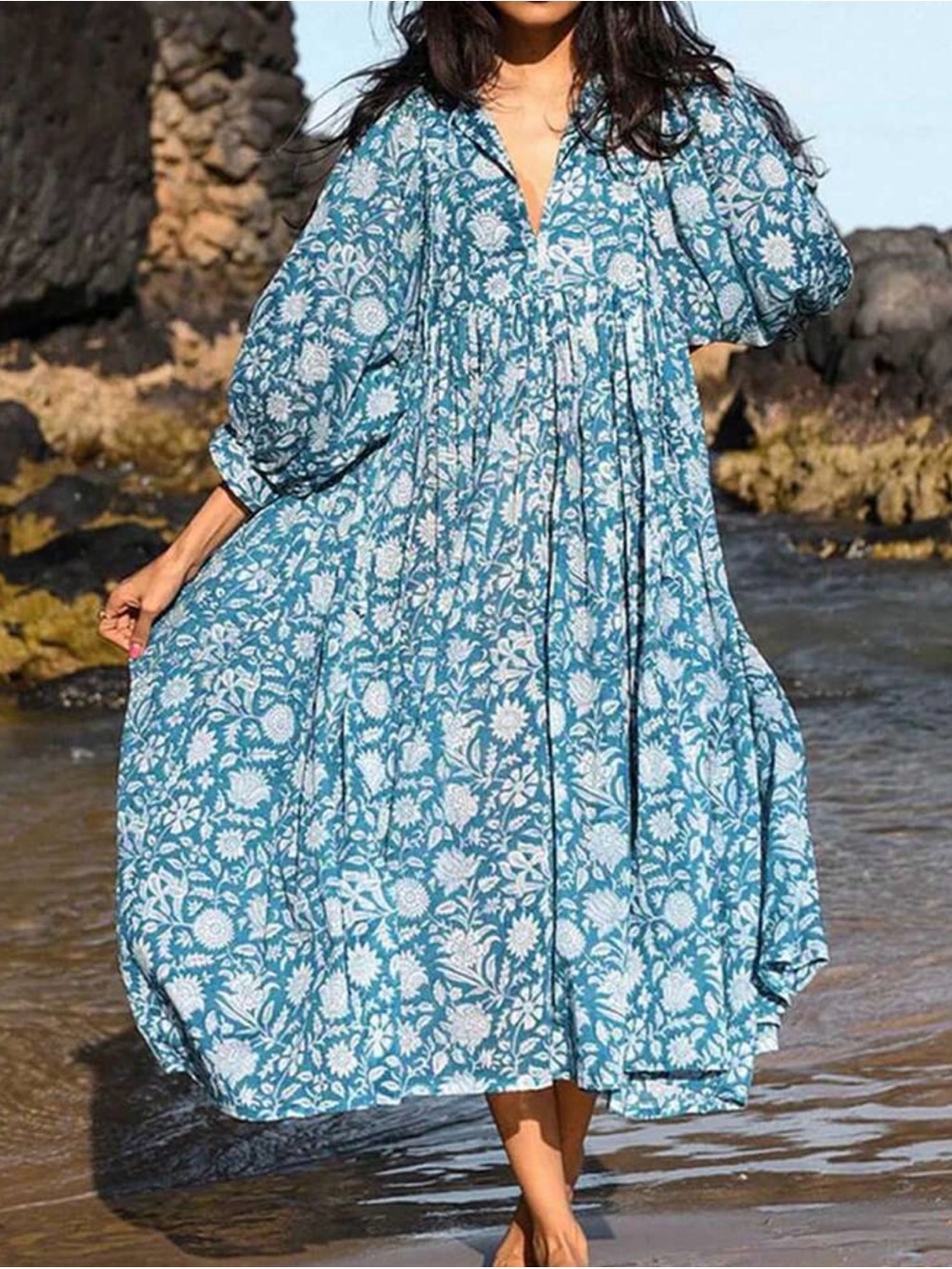 Blue Floral Women’s Cover-Up Dress - Lightweight Beach Caftan